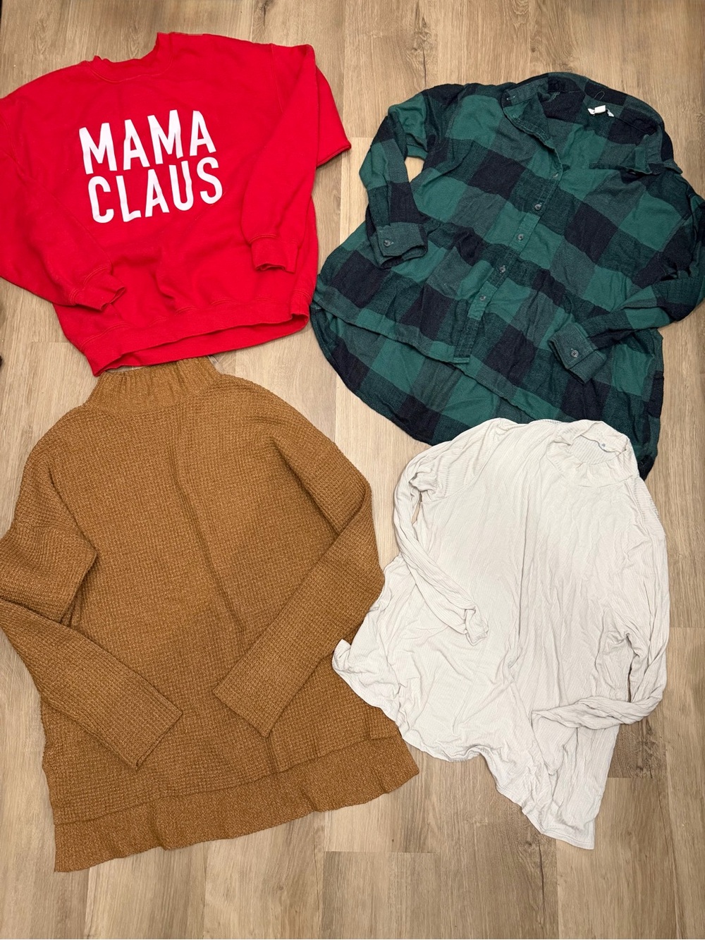 Comfy Top Bundle - Mama Claus Sweatshirt, Flannel & Waffle Knit - Size Medium